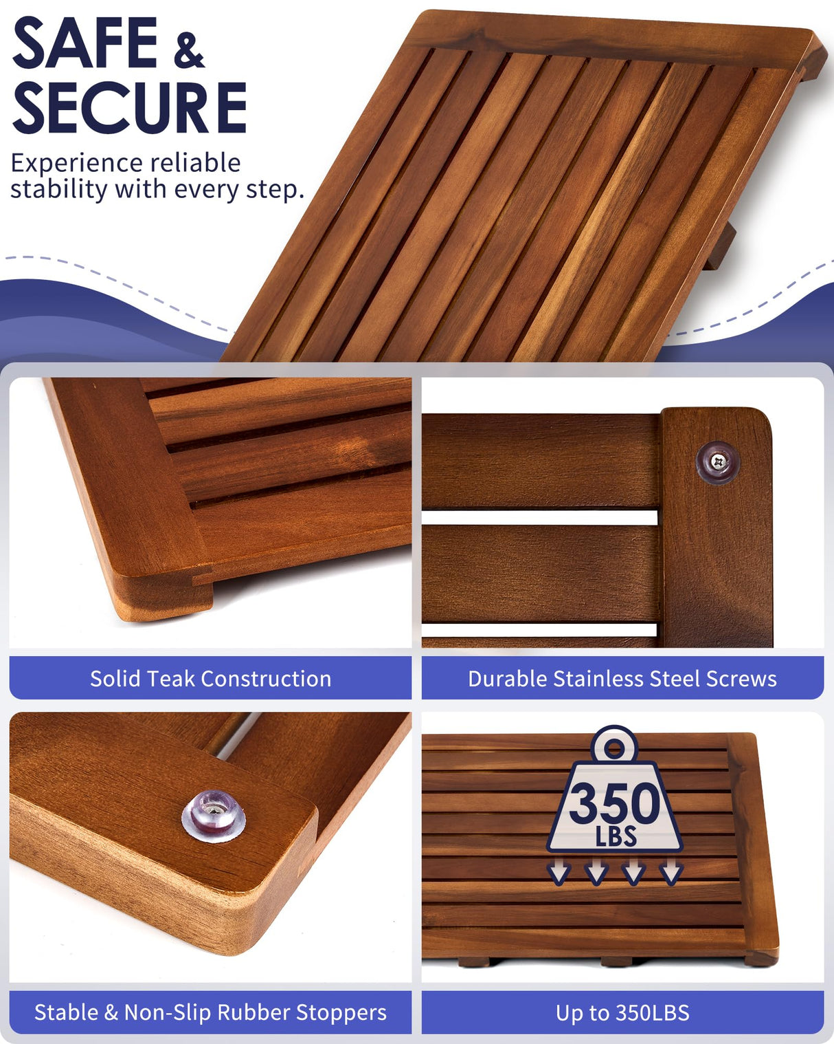 Upolana Teak Shower Mat, 24 x 18 inch Wood Bath Mat for Inside Shower, Wooden Shower Floor Mat Teak Wood Bath Mat for Bathroom Spa & Outdoor Use Upolana