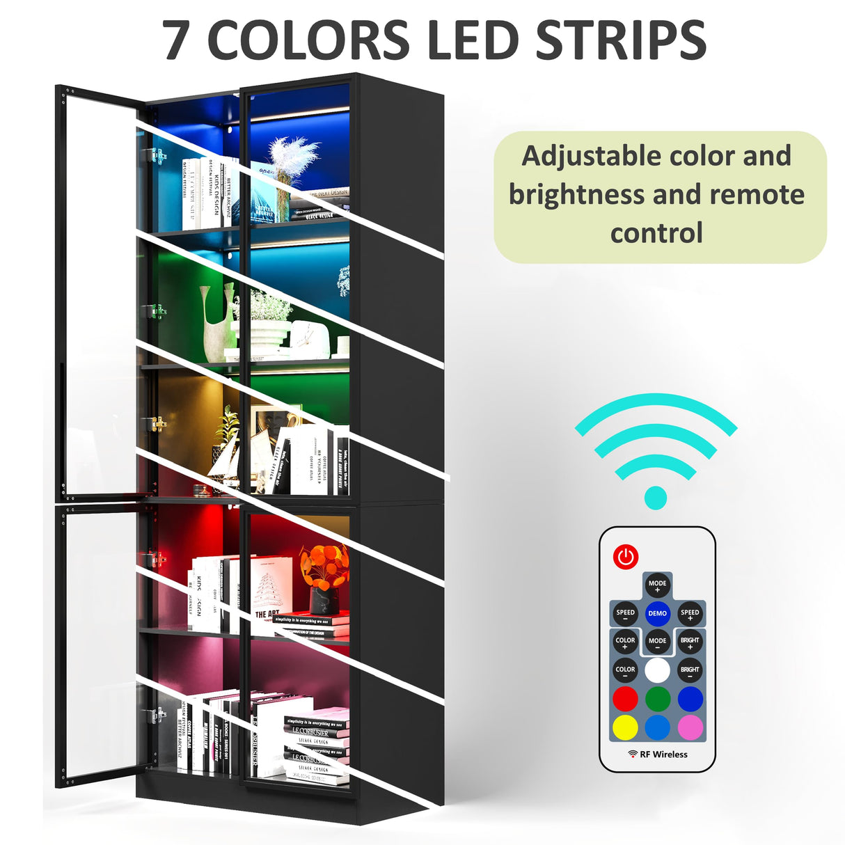 Jartoil Display Cabinet with Glass Doors & Lights, 5-Tier LED Storage Curio Cabinet, Trophy Display, Lighted Display Bookcase for Home Office, Black Jartoil