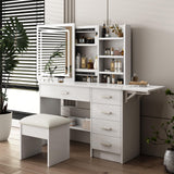 Runboll Stylish Vanity Desk with Mirror and Lights, White Dressing Table Set with Chair, 5 Drawers & Open Shelves, Adjustable 3-Color LED Lighting, Perfect for Bedroom Makeup Runboll