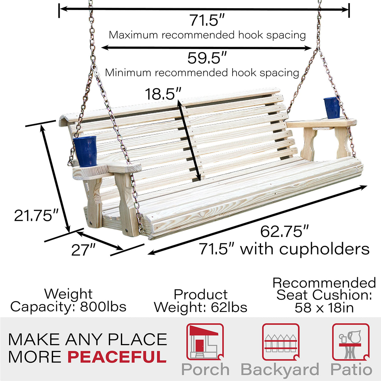 Amish Casual Heavy Duty 700 Lb Roll Back Treated Porch Swing with Hanging Chains and Cupholders (5 Foot, Unfinished) Amish Casual