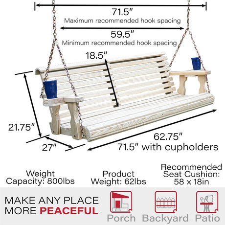 Amish Casual Heavy Duty 700 Lb Roll Back Treated Porch Swing with Hanging Chains and Cupholders (5 Foot, Unfinished) Amish Casual
