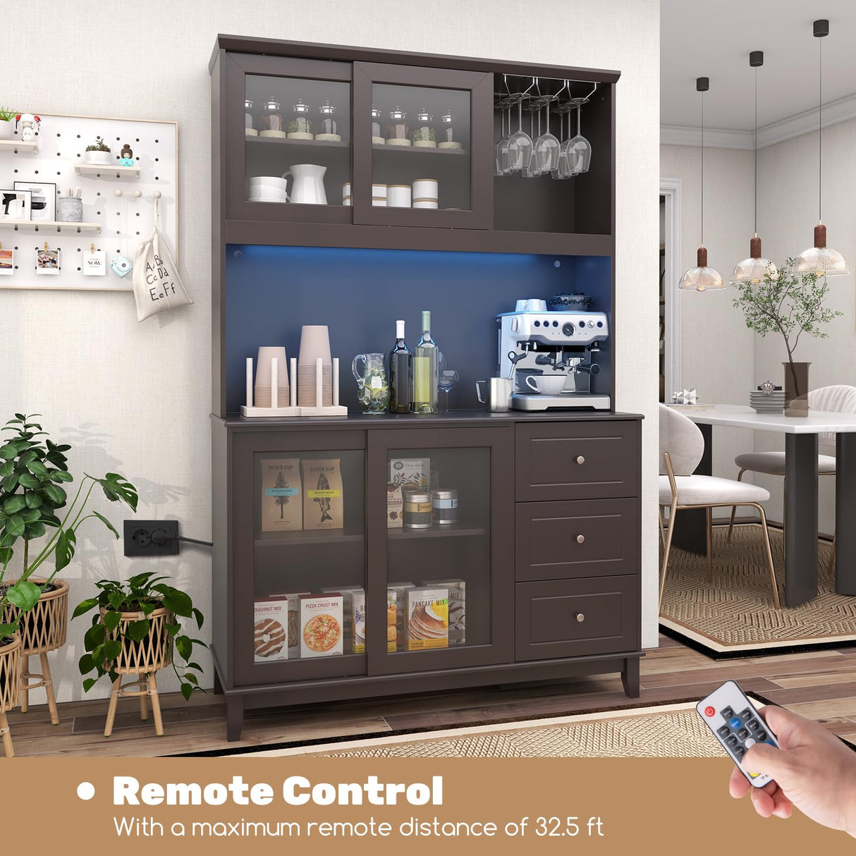 Giantex 73" Kitchen Pantry Storage Cabinet, Hutch Cabinet with LED Lights & Power Outlet, Kitchen Buffet Cabinet w/Wine Glass Racks, Countertop, Adjustable Shelves, Drawers for Dining Room (Espresso) Giantex