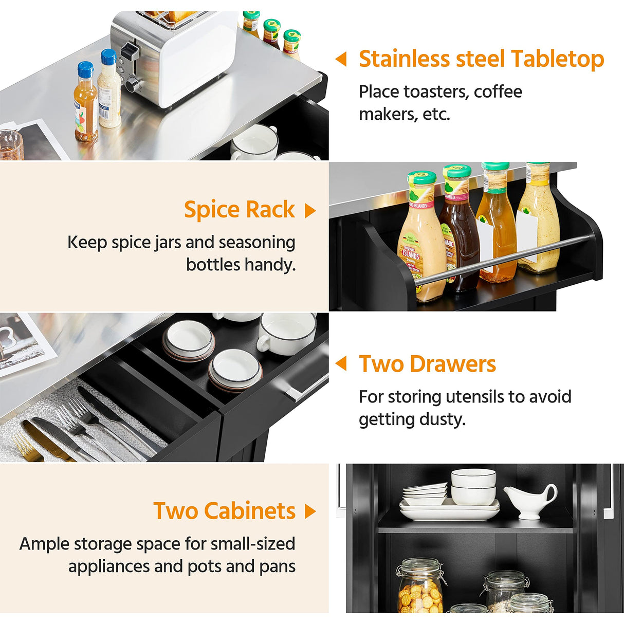 Yaheetech Rolling Kitchen Island with Stainless Steel Top, Kitchen Cart Storage Cabinet on Wheels with 2 Drawers and Inner Adjustable Shelves for Dining Room, 50.5 Inch Width, Black Yaheetech