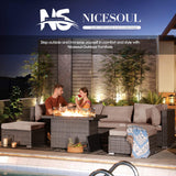 NICESOUL 15 Piece Outdoor Sectional with Fire Pit Table, Modern Luxury Patio Deep Seating w/Firepit, 29.3'' High-Back Wicker Couch Thick, Big High-Weight Capacity Sofa for Terrace, Yard, Light Gray NICESOUL