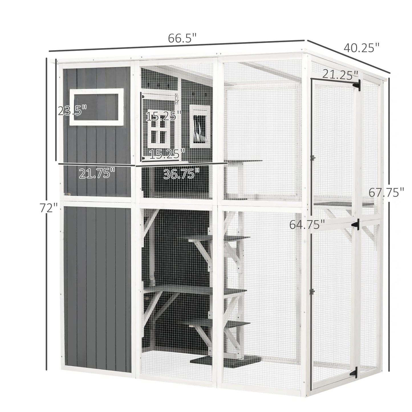 PawHut Catio Outdoor Cat Enclosure Large Cat House Outdoor Wooden Walk-in Kitten Feral Cat Shelter, for Multiple Cats with 7 Perches, Door, Cat Condo and Weather Protection Roof, 66.5" L, Gra - WoodArtSupply