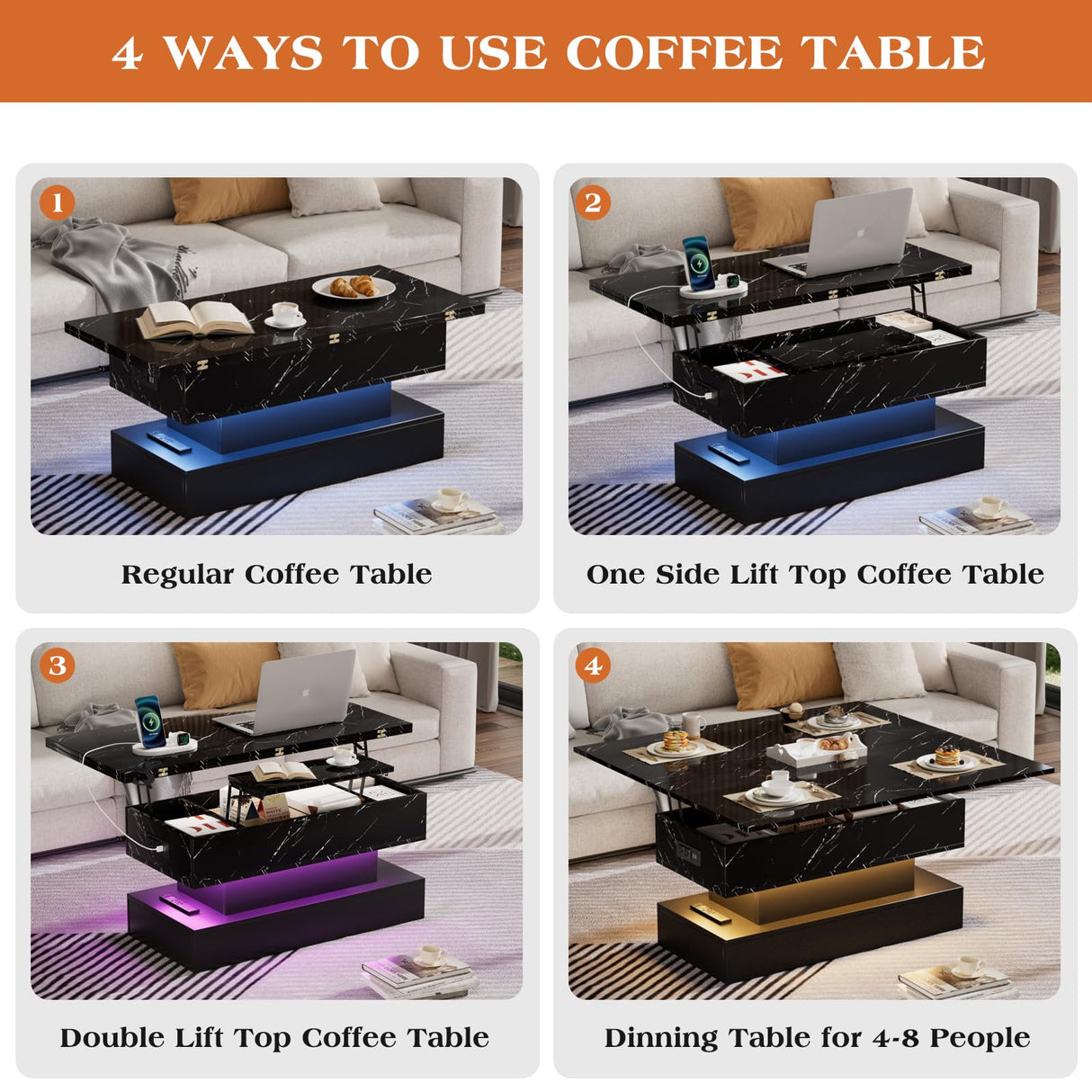 SYESWAY Lift Top Coffee Table with Charging Station, Modern High Glossy Coffee Table with LED Light, 3 in 1 Multifunctional Coffee Table with Storage & Hidden Compartments for Living Room, Black SYESWAY