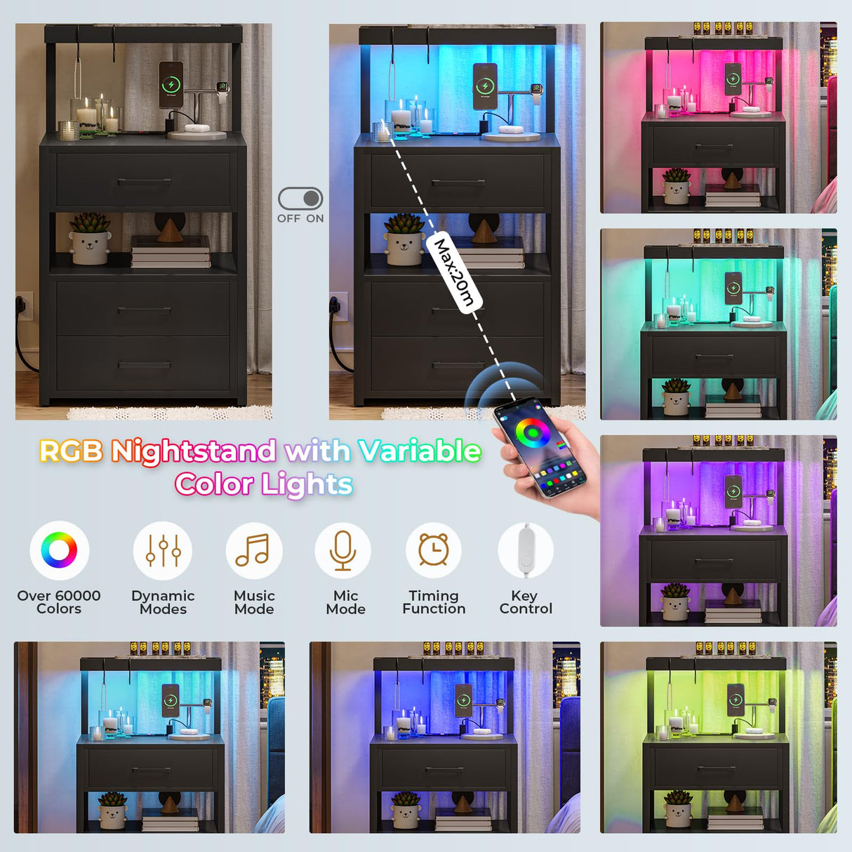 VIAGDO Led Nightstand with Charging Station, 3 Drawers Night Stands with Led Lights, Black Bedside Tables with Storage Shelves, Modern End Side Tables for Bedroom, Office VIAGDO