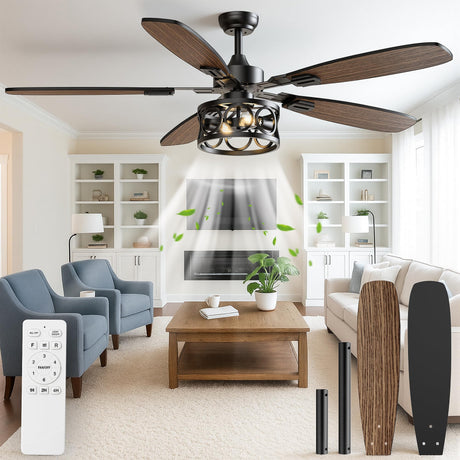 Ceiling Fans with Lights and Remote, 52'' Vintage Caged Ceiling Fan with Light, 5 Blades, 6+1 Speed, Flush Mount Ceiling Fan Whisper-quiet for Farmhouse, Living Room, Kitchen and Porch (52 Inch) BLNAN
