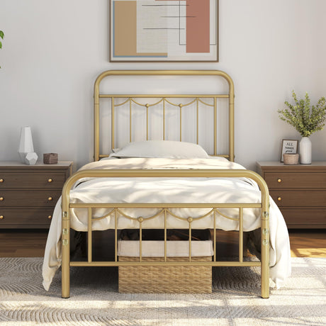 Yaheetech Twin Size Metal Bed Frames with Vintage Headboard and Footboard, Farmhouse Metal Platform Bed, Heavy Duty Steel Slat Support, Ample Under-Bed Storage, No Box Spring Needed, Antique Gold Yaheetech