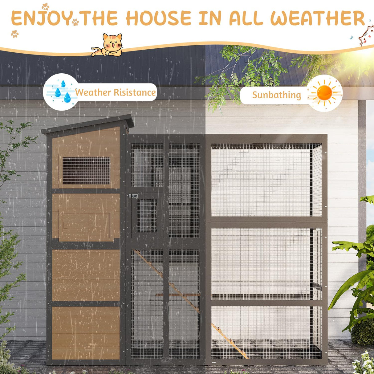 JFHID 4-Tier Cat Catio Enclosure with Weatherproof Roof, 3 Resting Rooms & Climbing Ramp, Large Outdoor Indoor Cat House Cage for Small Animals, Brown and Black JFHID