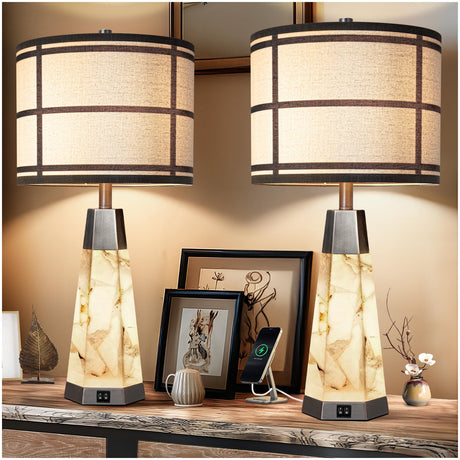 KIVDITZO Natural Alabaster Table Lamps Set of 2 for Living Room Rustic Nightstand Lamp with Night Light for Bedroom Bedside Lamp with A+C USB Ports for Home Office Study Room(Bulbs Included) KIVDITZO
