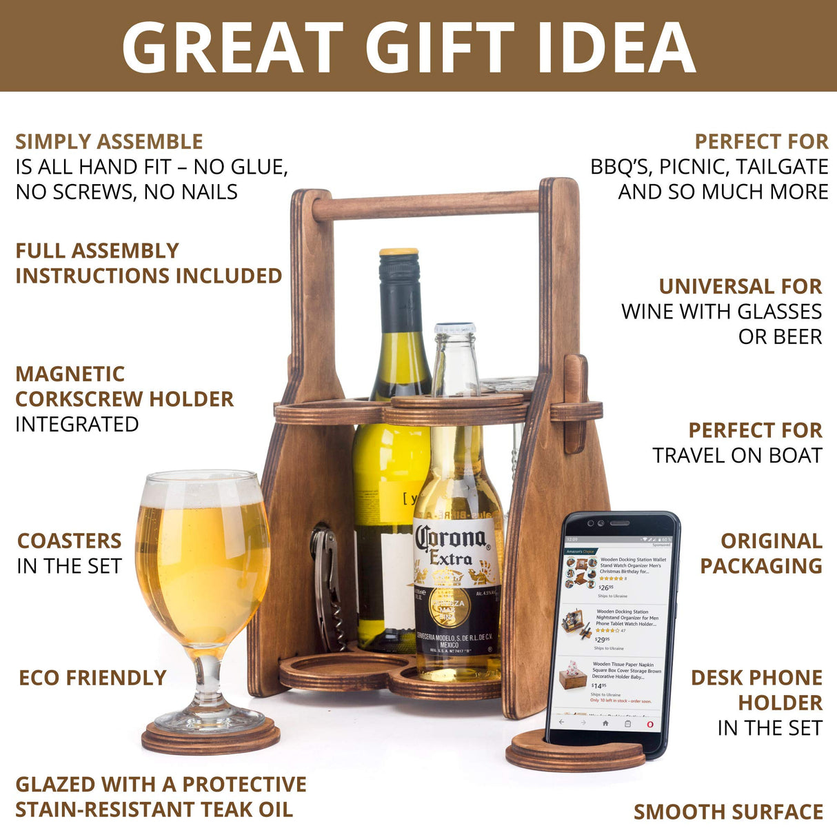 ROSTMARYGIFT Wood Wine Bottle Glasses Caddy - Beer Carrier - Drinking Desk Accessories Men's Wine Organizer - Glass Tray Holder - Wine Storage Stand ROSTMARYGIFT