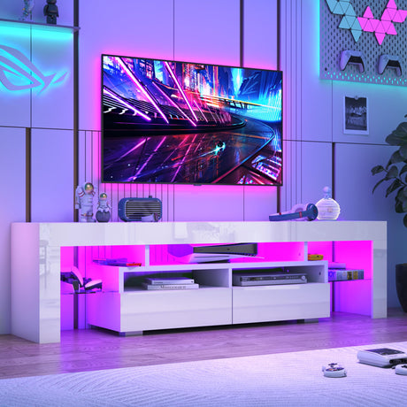Vinctik 6&Fox LED TV White Stand for 55/60/65inch TV,Modern Entertainment Center with 2 Storage Drawers and LED Light, High Glossy TV Console,TV Table Media Furniture (63inch, White 1) Vinctik 6&Fox