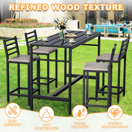 Jinrrenyi 5 Piece Outdoor Patio Bar Set, 54.7" Rectangular Counter Height High Top Bar Tables, 4 Cushioned 41" Bar Stools, Metal Bar Table and Chairs Set for Poolside, Balcony, Backyard, Porch Jinrrenyi