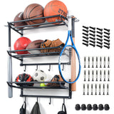 FelRelWel Garage Sports Equipment Storage Rack with Separate Shelf, Ball Rack, Sport Equipment Organizer withHooks for Badminton Racket, Basketball Rack for Basketball Football Rugby FelRelWel