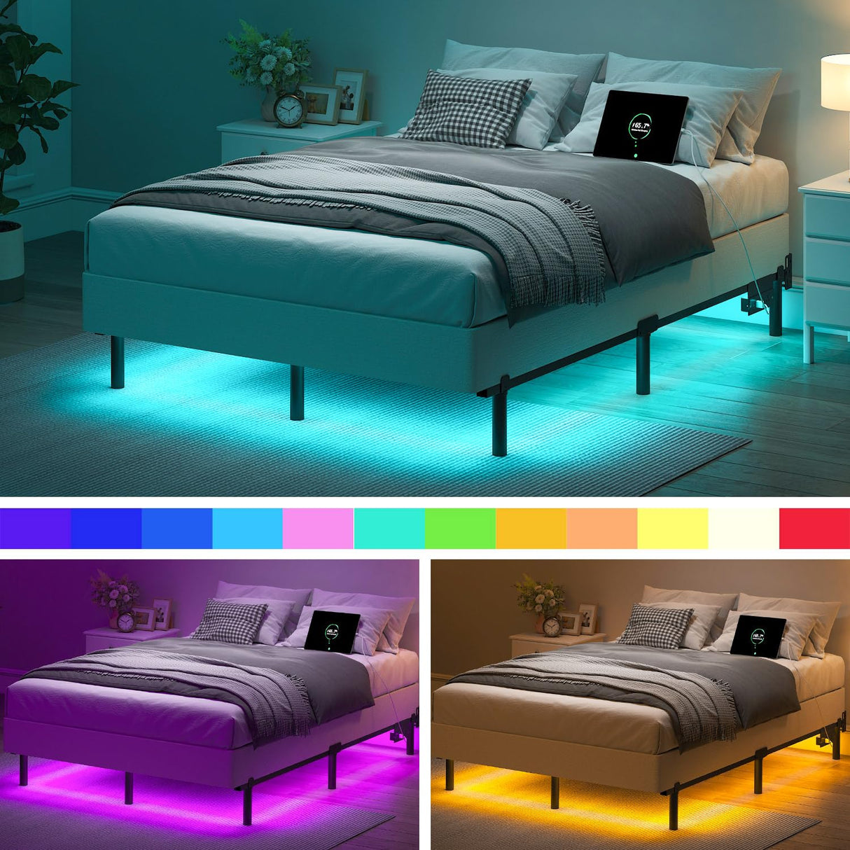 QEROMY King Bed Frame for Box Spring, 7 Inch Metal Bed Frame with LED Lights, 9-Legs Support Bed Base, Tool-Free Easy Assembly QEROMY