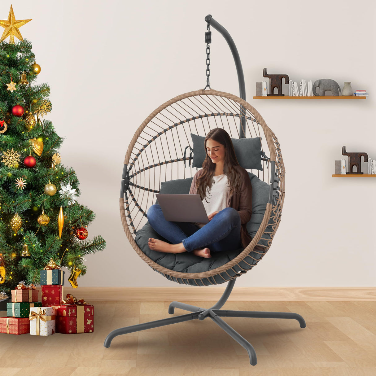GREEN MORE Oversized Egg Swing Chair with Stand, Hanging Swing Chair, Foldable Hammock Chair with Steel Frame, 350LBS Capacity for Patio Garden Bedroom, Beige GREEN MORE