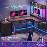 UPOSOJA L Shaped Gaming Desk with Keyboard Tray, Reversible Computer Desk with Power Outlet, Corner Home Office Desks, Mobile File Cabinet Storage Shelves Monitor Stand Drawers (Brown, 67in) UPOSOJA