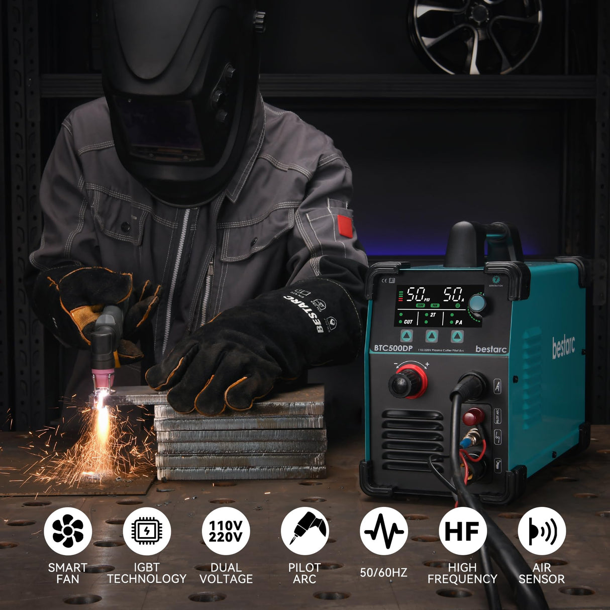 bestarc Plasma Cutter, Non Touch Pilot Arc, Air Sensor Technology, Large Digital Display Screen, BTC500DP 7Gen 50Amps 110/220V Dual Voltage, IGBT Plasma Cutter Machine (BTC500DP 7GEN 110/220V) bestarc
