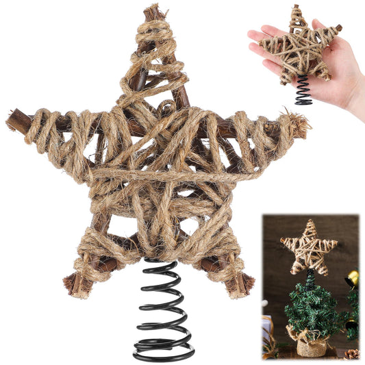 Gejoy Mini Christmas Rustic Tree Topper Natural Star 6 Inch Miniature Star Tree Topper for Christmas Tree Home Decor Winter Holiday (Wood, Woven)