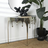 Deco 79 Aluminum Metal Abstract Console Table Drip with Melting Designed Legs and Black Glass Top, 36" x 14" x 32", Silver Deco 79