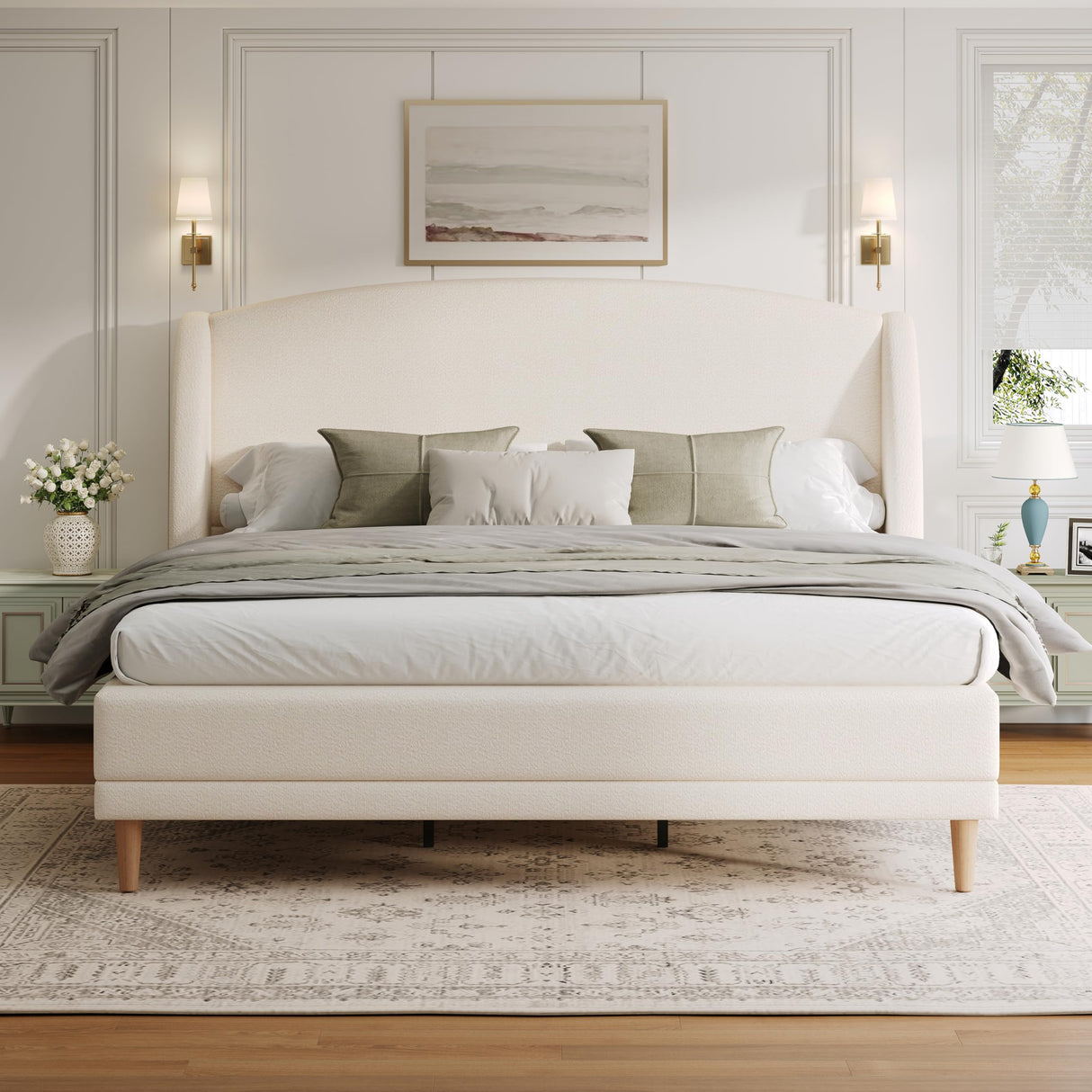 Merax King Size Upholstered Platform Bed, Boucle Fabric and Wingback Headboard, Rounded Corners, White Merax