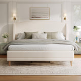Merax King Size Upholstered Platform Bed, Boucle Fabric and Wingback Headboard, Rounded Corners, White Merax