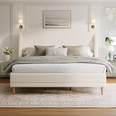 Merax King Size Upholstered Platform Bed, Boucle Fabric and Wingback Headboard, Rounded Corners, White Merax