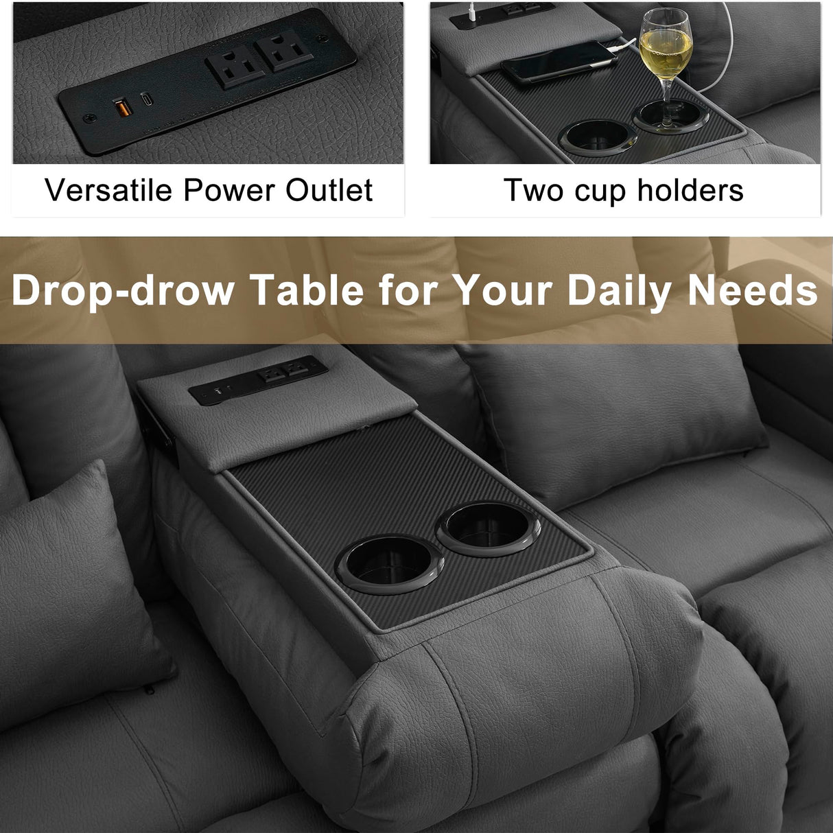 URRED Loveseat Recliner Sofa with Massage and Heat, Power Reclining Loveseat Sofa RV Couch with Console, Home Theater Seating with LED Lights, Bluetooth Speakers, USB, Outlets, Leathaire, Gray URRED