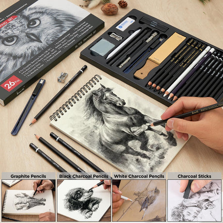 Brusarth Charcoal Pencils for Drawing, Set of 26, Professional Drawing Sketch Pencils, Art Supplies for Drawing, Shading, Sketching, Blending, Artist Pencils for Beginners & Pro Artists Brusarth