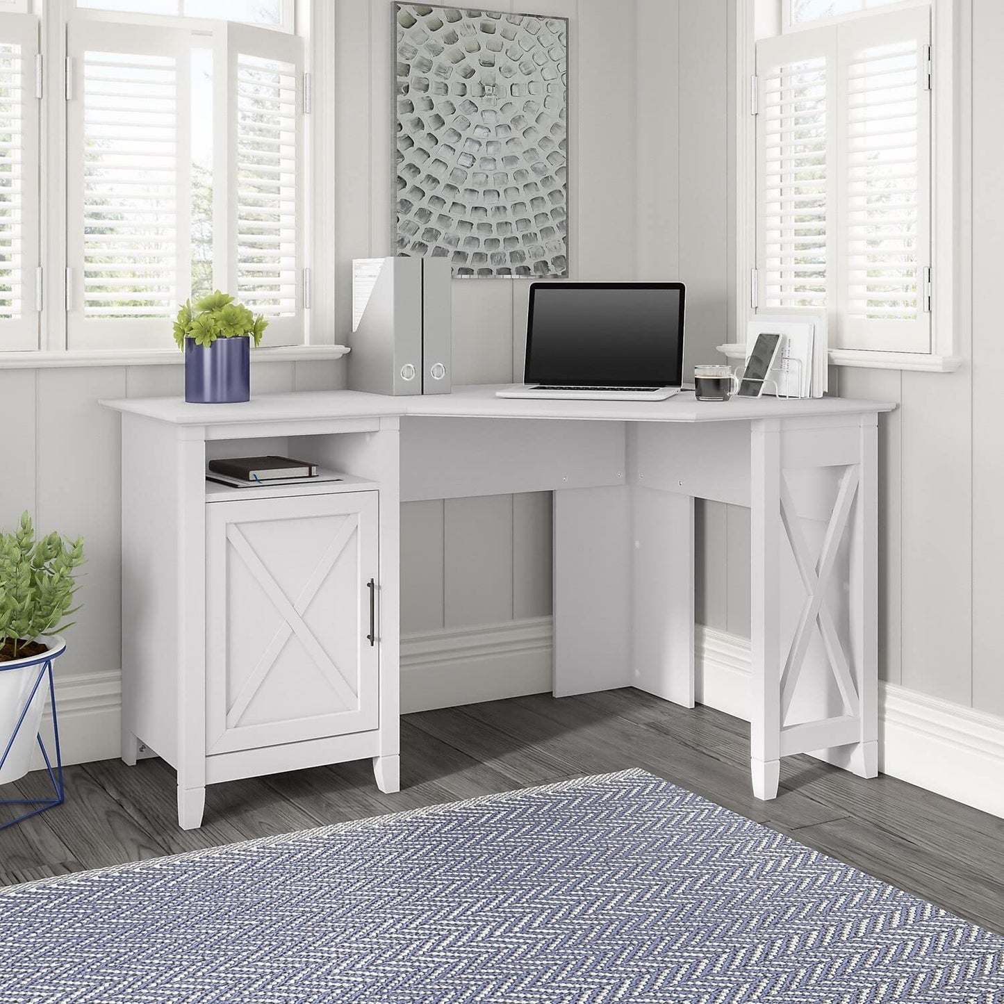 Bush Furniture Corner Computer Small Space, Office and Bedroom | Key West Collection L Desk with Storage and Aged Bronze Hardware, 54W, Pure White Oak