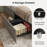 AOGLLATI Farmhouse Full Size Bed Frame with 4 Storage Drawers and Charging Station, Wooden Full Bed Frame with Hidden Space Bookcase Headboard and Led Lights & Metal Slats, Gray AOGLLATI