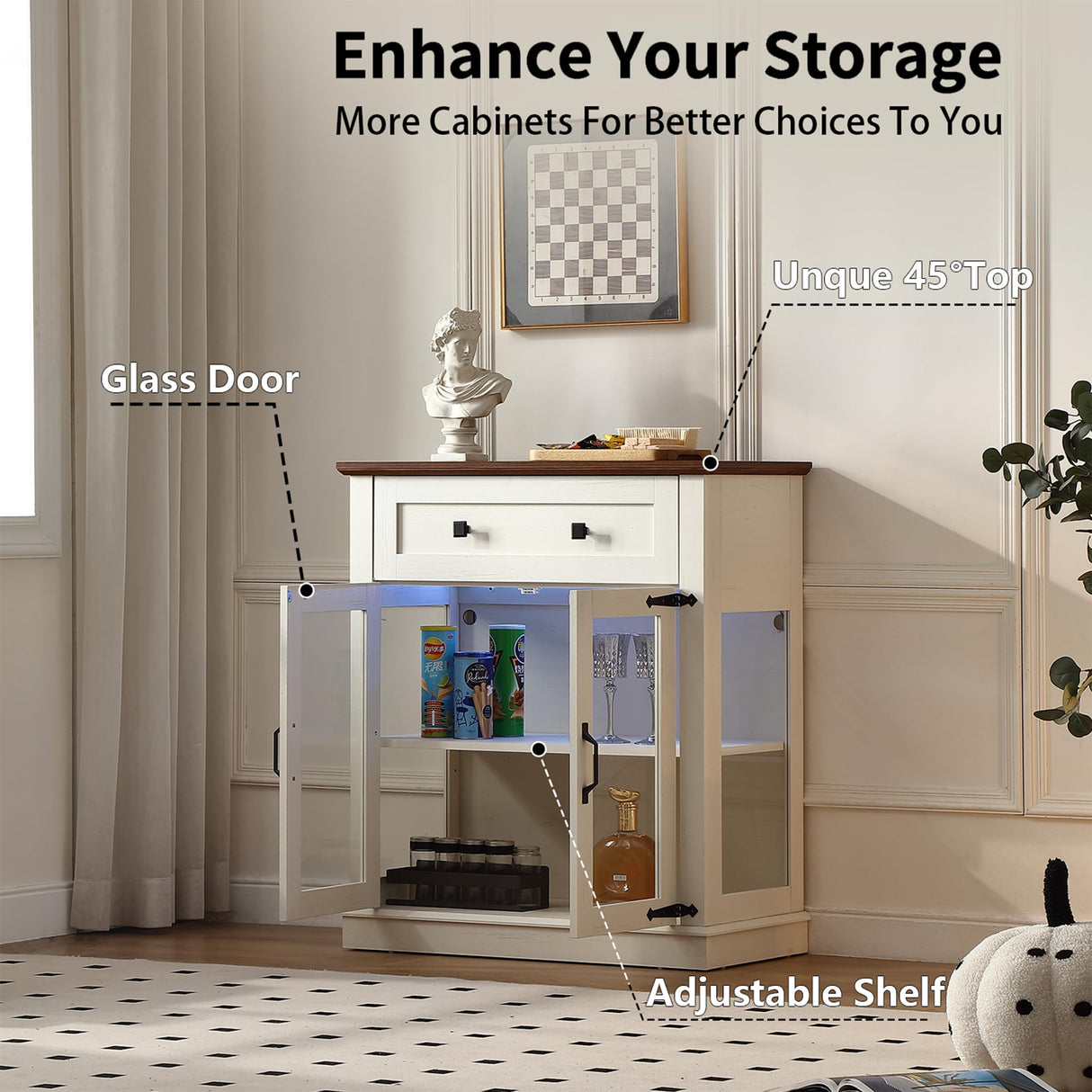 FOREST GRAVITY 31.5'' Modern Small Buffet Cabinet with Storage,Buffet Sideboard with Two Glass Doors and a Drawer,Coffee bar Cabinet with Adjustable Shelf,for Kitchen and Dining,Antique White FOREST GRAVITY