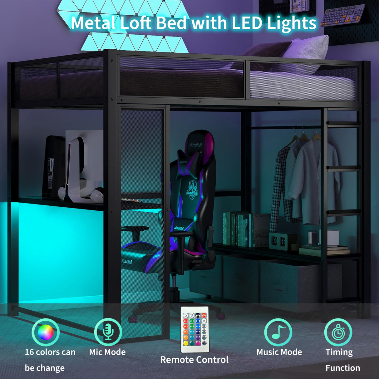 Polibi Full Size Metal Gaming Loft Bed with LED Lights/Desk/Open Wardrobe and 3 Linen Storage Drawers,Loft Bed Frame with Mesh Guardrail and Ladder,Black Polibi