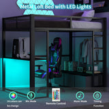 Polibi Full Size Metal Gaming Loft Bed with LED Lights/Desk/Open Wardrobe and 3 Linen Storage Drawers,Loft Bed Frame with Mesh Guardrail and Ladder,Black Polibi