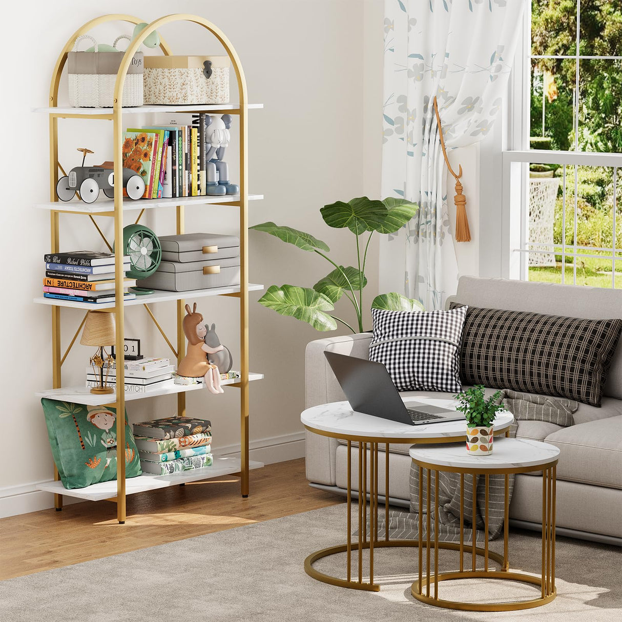 Arbuxzuy Arched Bookshelf 5 Tier Book Shelf, 31.5 Inch Width Industrial Arch Bookcase, Curved Tall Bookshelf with Open Shelves for Home Office, Living Room, Bedroom, Gold Arbuxzuy