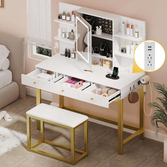 DWVO 39.5 W Vanity Desk Set, Makeup Table with LED Lighted Mirror and Power Outlet, Adjustable 3 Lights Modes, Vanity Table with Stool and Hidden Storage Shelves, 3 Drawers with for Girls Gift, White