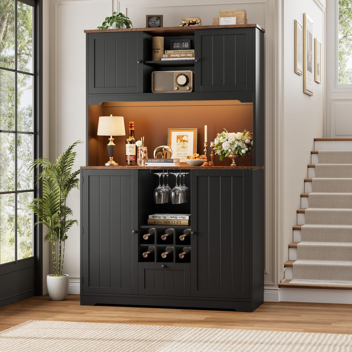 FINETONES 71" Pantry Cabinet with LED Light and Charging Station, Kitchen Pantry Cabinet with Microwave Stand, Kitchen Hutch Food Storage Cabinet with Outlet and Wine Racks, Black FINETONES