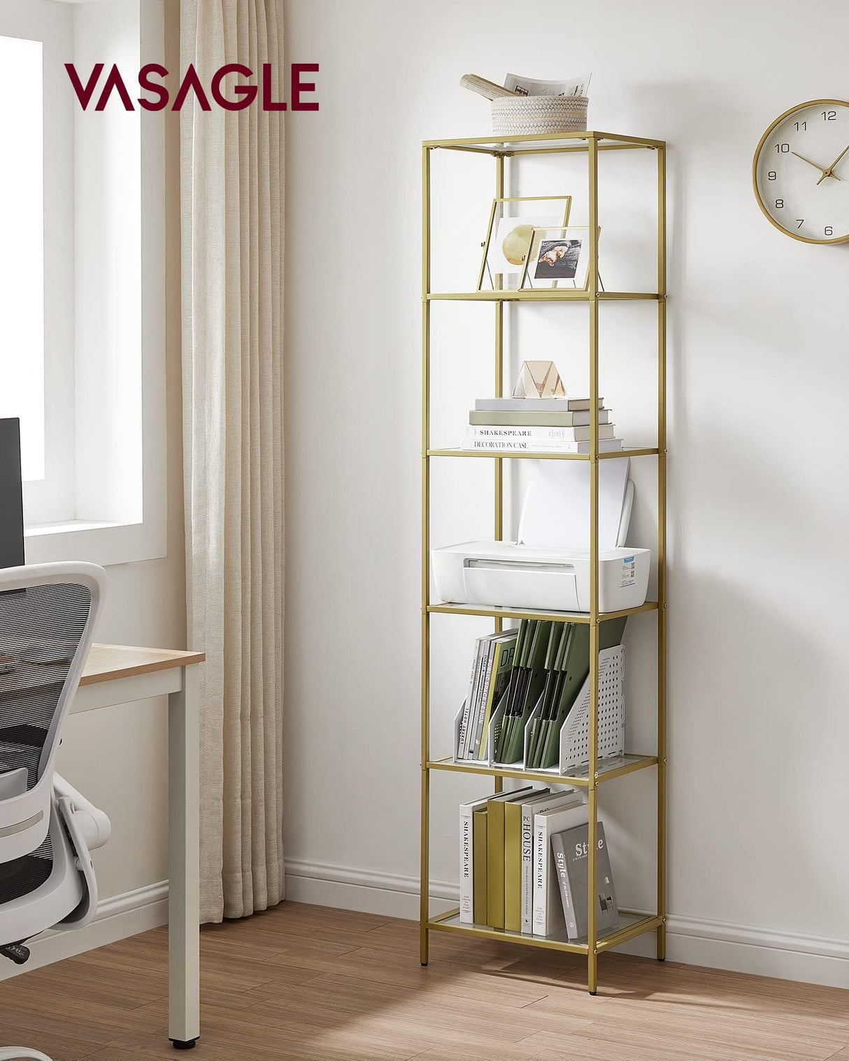VASAGLE Bookcase, 6-Tier Bookshelf, Slim Shelving Unit for Bedroom, Bathroom, Home Office, Tempered Glass, Steel Frame, Metallic Gold ULGT500A01 VASAGLE