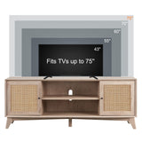 OKD TV Stand for 75+ Inch TV, Mid Century Modern Entertainment Center with Natural Rattan Door, Storage Shelves, Large Boho Media TV Console, Long Television Stand for Living Room, Oak OKD