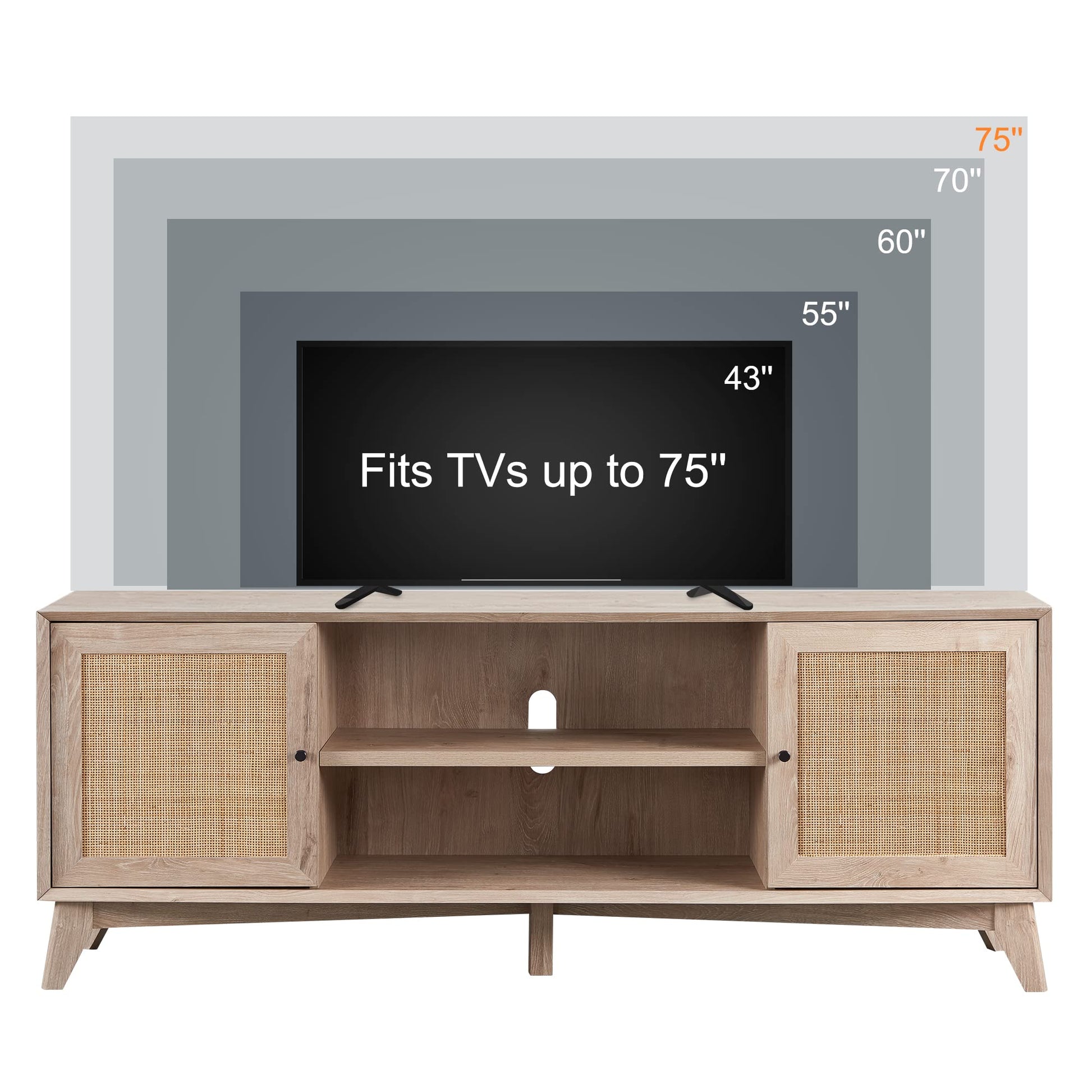 OKD TV Stand for 75+ Inch TV, Mid Century Modern Entertainment Center with Natural Rattan Door, Storage Shelves, Large Boho Media TV Console, Long Television Stand for Living Room, Oak - WoodArtSupply