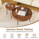COSTWAY Farmhouse Round Coffee Table Set of 2, Rustic Sofa Side Tea Tables w/Wood Finish, Metal Frame, Adjustable Foot Pads, Nesting End Table Set for Living Room, Bedroom (Radial Pattern, Brown) COSTWAY