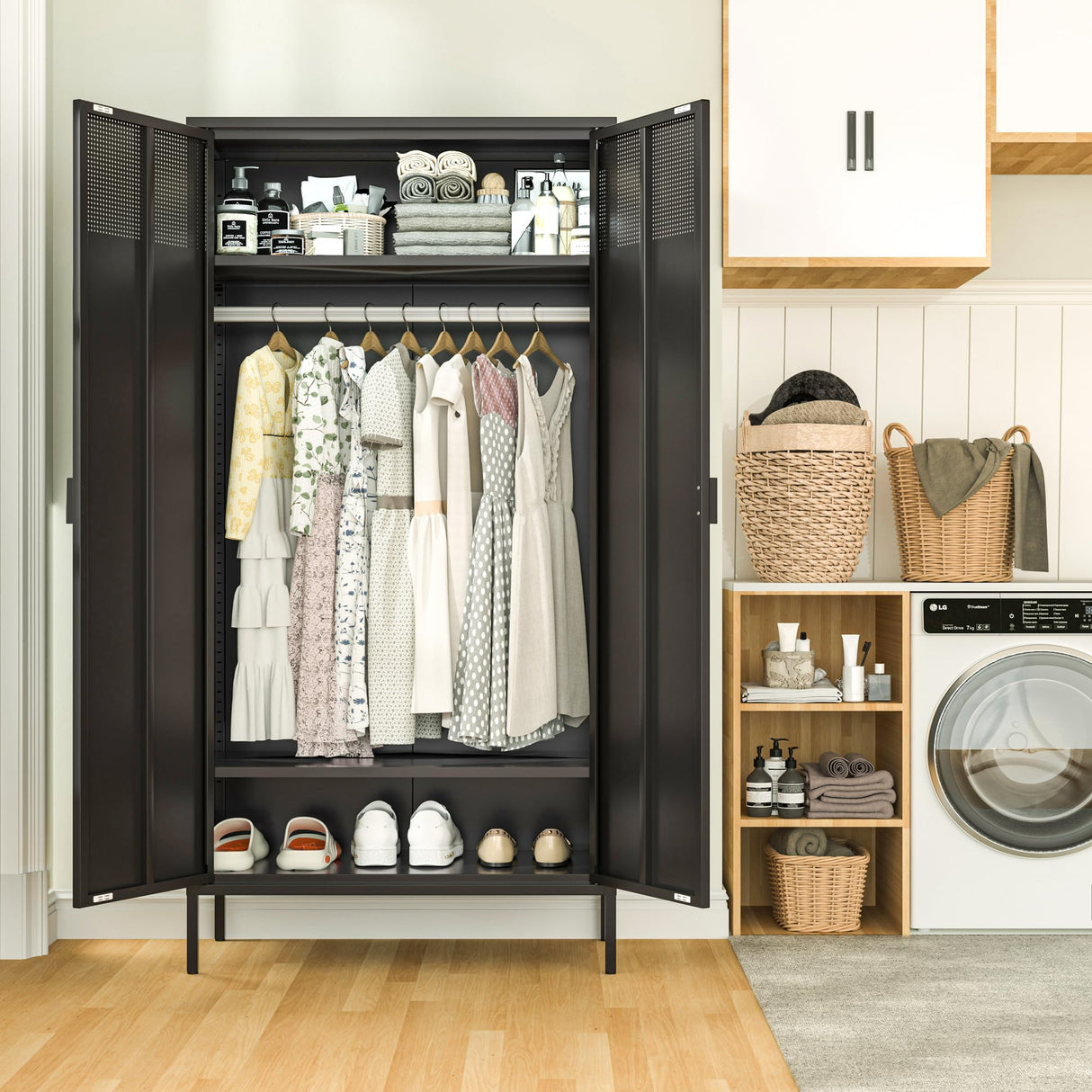 Ustamio 71 Inches Black Metal Wardrobe Cabinet with Hanging Rod, Metal Armoire Wardrobe Closet with Doors for Bedroom, Office, Laundry Room and Changing Room, Metal Locker Cabinet Ustamio