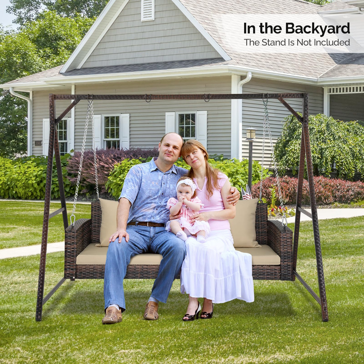 VINGLI Heavy Duty 800 LBS Wicker Hanging Porch Swing with Cushions & Chains, 5FT Outdoor Rattan Swing Bench for Garden, Yard, Lawn (Brown) VINGLI