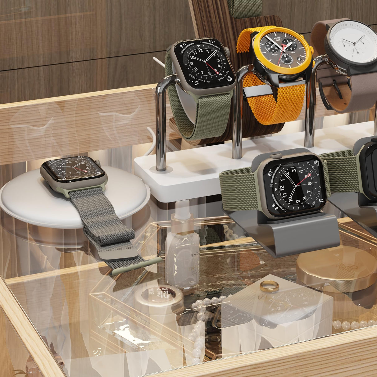 Homsee Armoire Bedroom Island with Glass Top & Shelves, Freestanding Wardrobe Closet with 4 Handleless Drawers, Walk-in Closet Island Display Dresser for Bedroom Shops, Light Brown Homsee