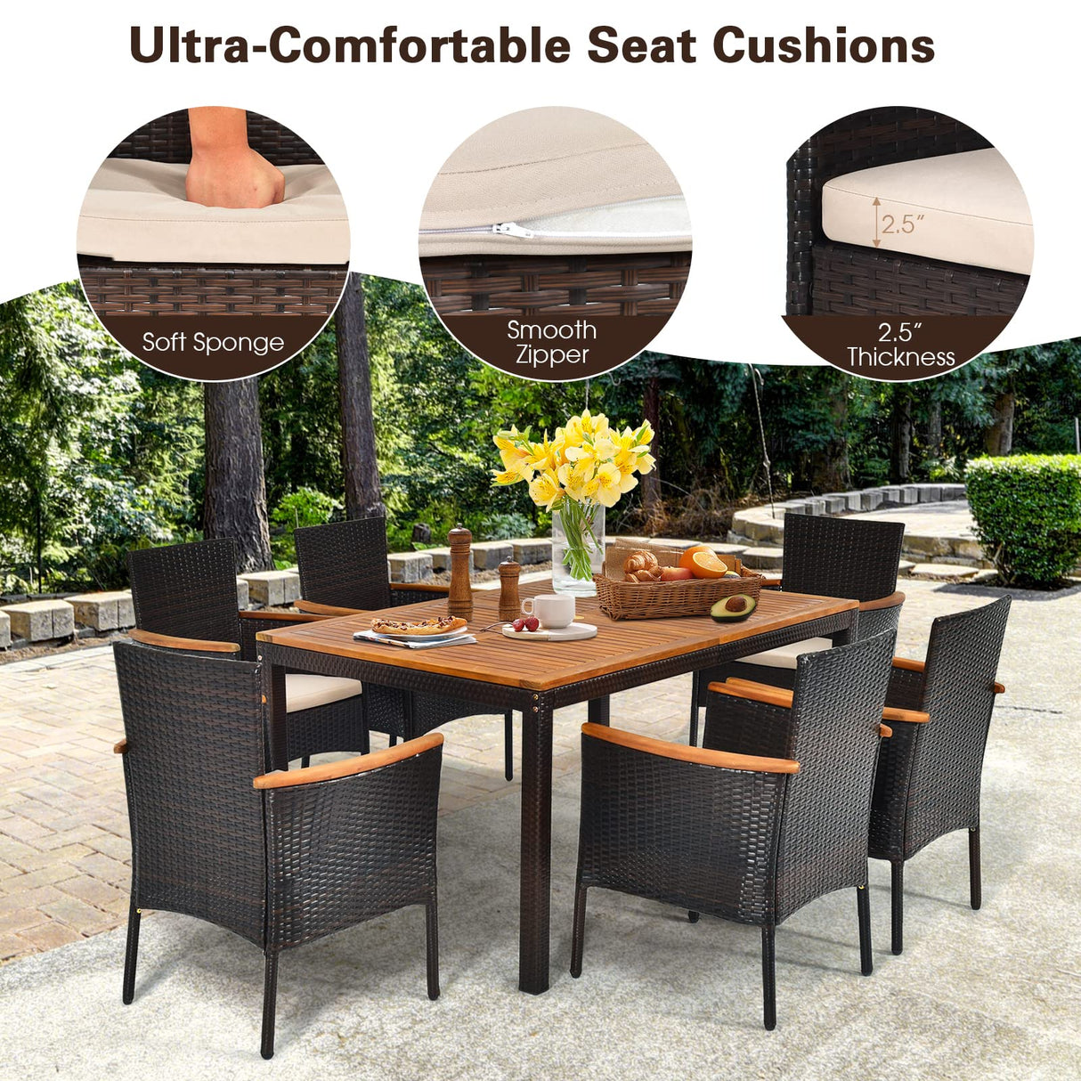 Toolsempire 7 Pieces Patio Dining Set Outdoor Dining Set with Umbrella Hole, Wicker Patio Furniture Set with Acacia Wood Table and Chairs, Garden Dining Table Set for Backyard, Desk, Poolside (Brown) Toolsempire