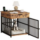 IRONCK Dog Crate Furniture for Small Dogs, Wooden Dog Kennel with Flip Top Drawer, Indoor Pet Crate End Table with Charging Station, Steel-Tube Dog Cage, Rustic Brown IRONCK