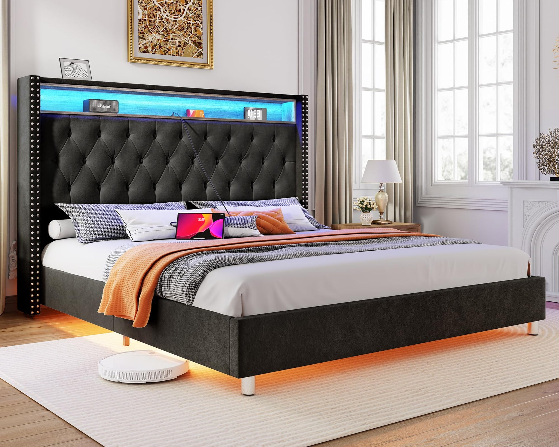 Jocisland Black Velvet King Bed Frame with LED Under Lights and Tall Wingback Headboard - WoodArtSupply