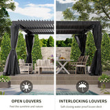 10' × 10' Louvered Pergola, Outdoor Aluminium Canopy with Adjustable Roof Curtains and Netting for Patio, Deck, Garden, Yard, Beach. (Black) GAZEBEST