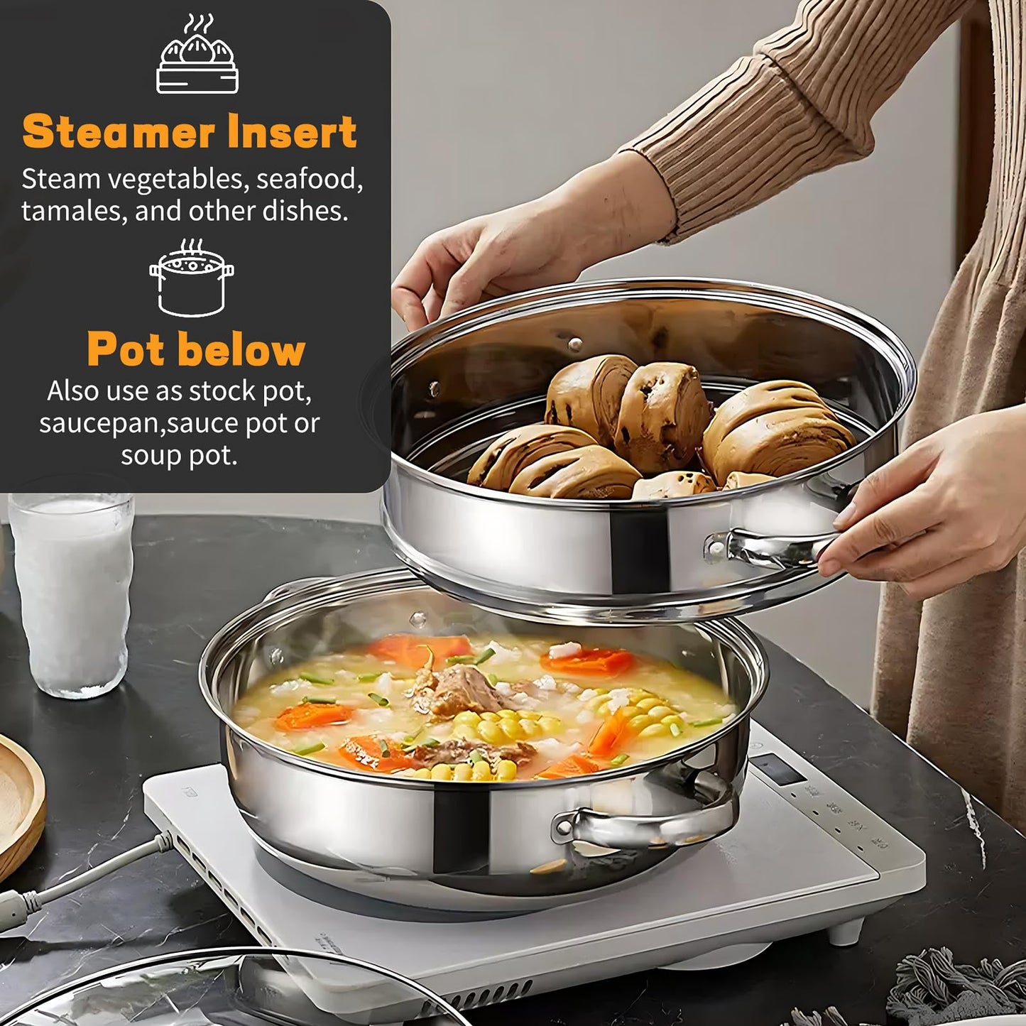 Steamer Pot Stainless Steel 2 Tier - 28cm Steamer Pot w/Glass Lid Food Veg Cooker Pot Cooking Pan Steaming Pot Dim Sum Cookware Steamer For Kitcken Cooking Tool